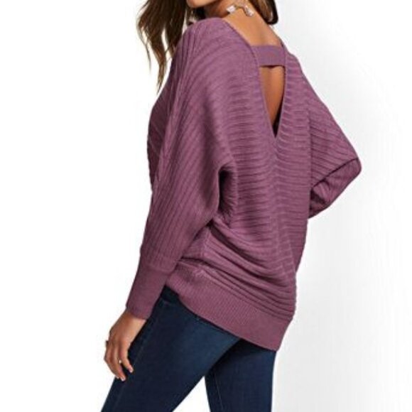 New York & Co Soho Tan Ribbed Long Sleeve V-Neck Oversized Tunic Sweater Medium - Picture 6 of 6